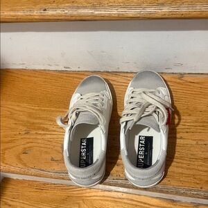 Golden Superstar Sneakers in White and Gray with Red Accent